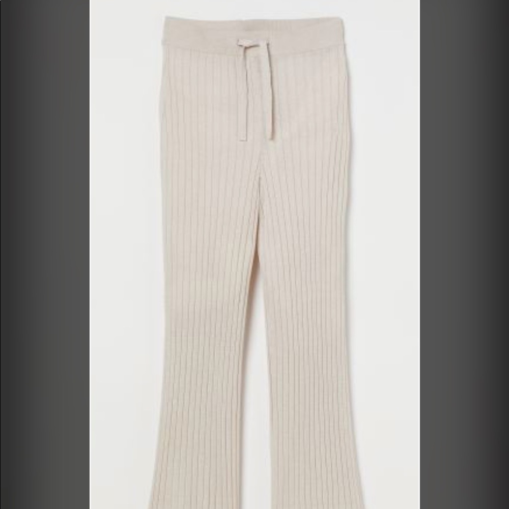Beige Ribbed Knit Flare Pants